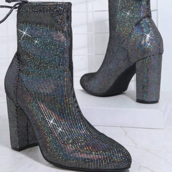 Iridescent Silver & Rainbow Glitter Knot Back Chunky Ankle Boots - Picture 1 of 4